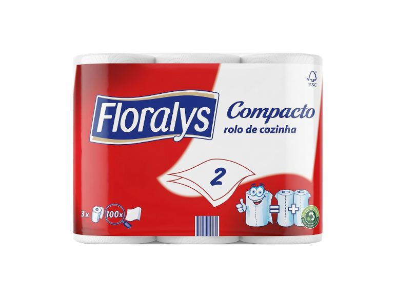 Embalagem de papel de cozinha Floralys Compacto com 2 rolos, destacando a equivalência a 3 rolos normais.