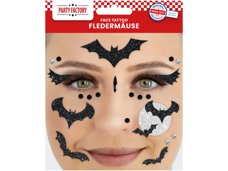 Tatuagens faciais de morcego com glitter para o Halloween com pedras preciosas.
