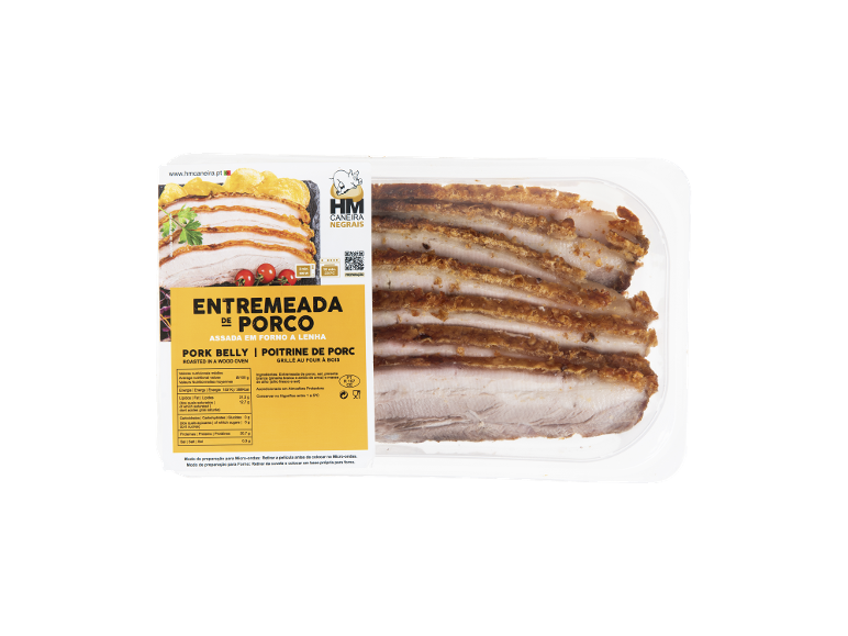 Entremeada de porco assada embalada com pele crocante, fatiada e pronta a aquecer.