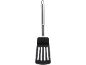 Espátula de cozinha com cabeça de nylon preta e cabo de metal.