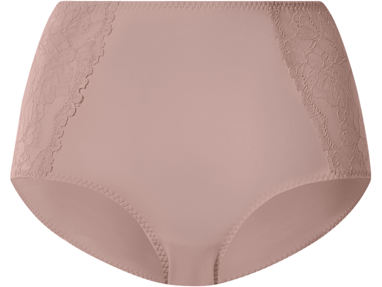 Cuecas de senhora cor da pele com inserções de renda nas laterais.