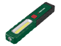 Luz de trabalho LED verde e preta com um botão vermelho e uma faixa de luz amarela.