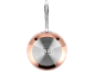 Frigideira de cobre com cabo de metal e base de indução com símbolos de cozinhado.