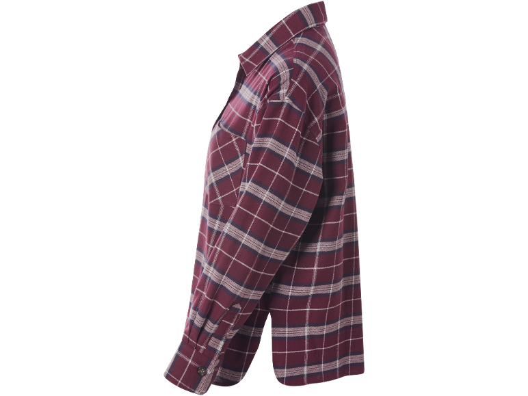 Camisa xadrez bordô de manga comprida com detalhes brancos e azuis.