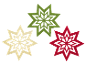 Três estrelas de Natal: verde, bege e vermelha, sobre fundo preto.