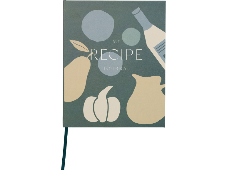 Diário de receitas com ilustrações de frutas, vegetais e uma garrafa na capa.