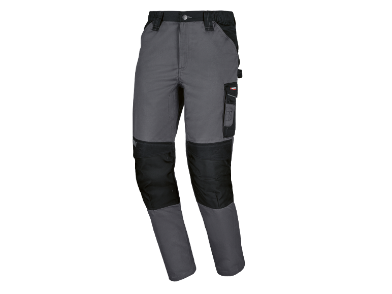 Calças de trabalho masculinas em cinzento e preto com joelheiras e bolsos laterais.