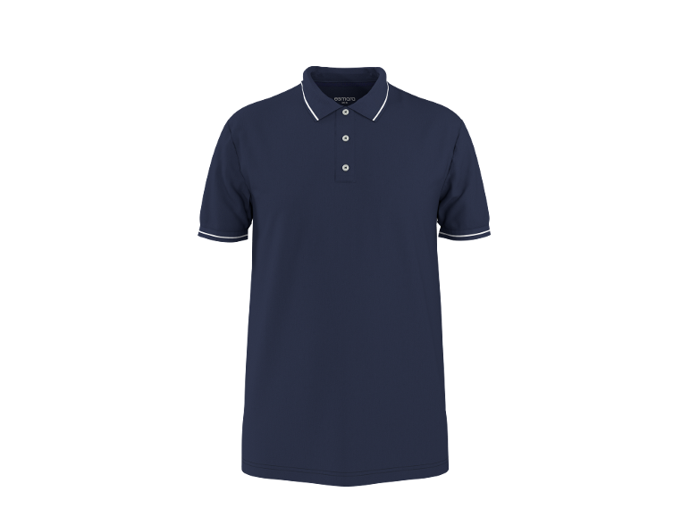 Polo masculino azul marinho com detalhes brancos na gola e nas mangas.