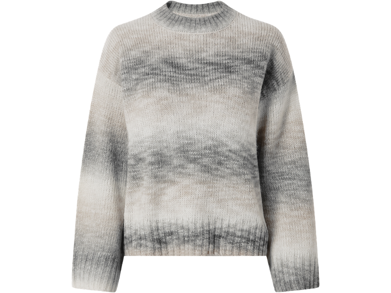 Camisola de malha feminina com riscas ombré cinzentas e brancas.