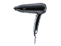 Secador de cabelo preto com detalhes prateados e cabo.