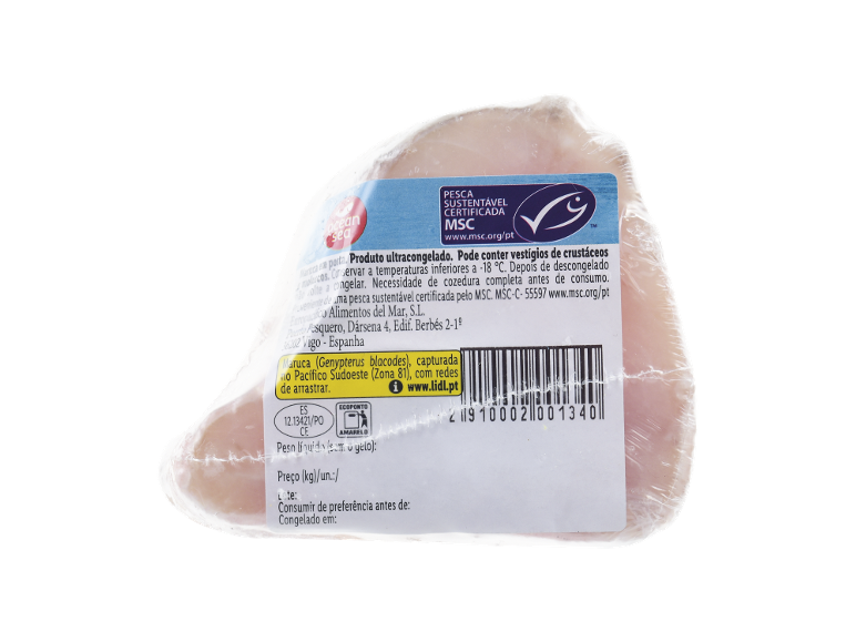Filetes de maruca Ocean Sea com certificação MSC e informação do produto.