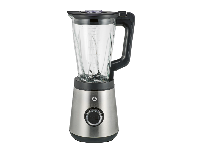 Liquidificador de aço inoxidável com jarro de vidro e controlo rotativo.