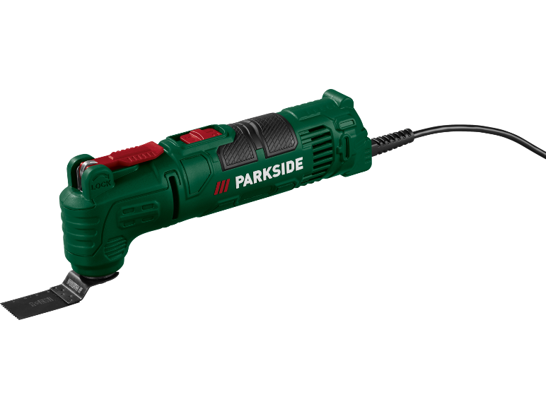 Multiferramenta oscilante verde com um interruptor vermelho e um cabo de alimentação preto.
