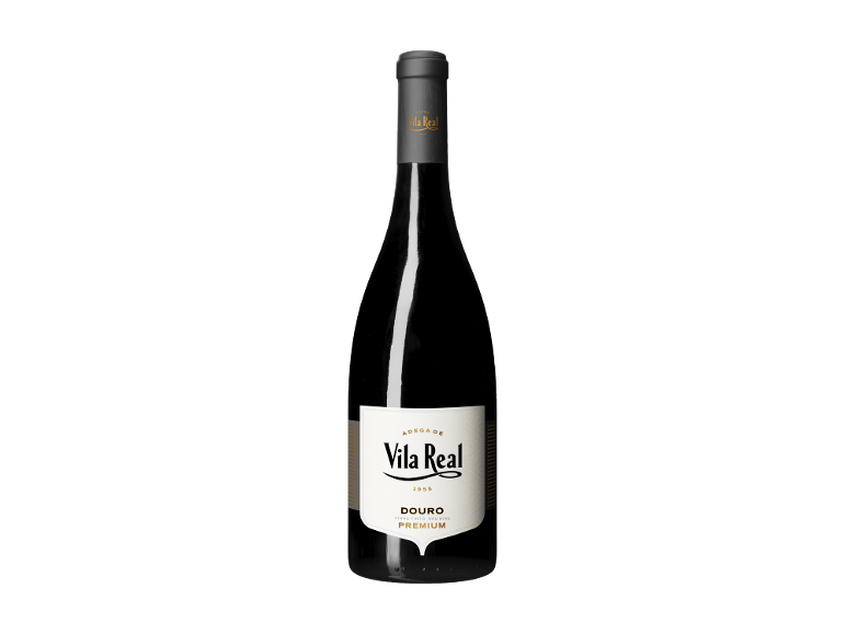 Vinho tinto em garrafa com rótulo «Adega de Vila Real 1955 Douro Premium».