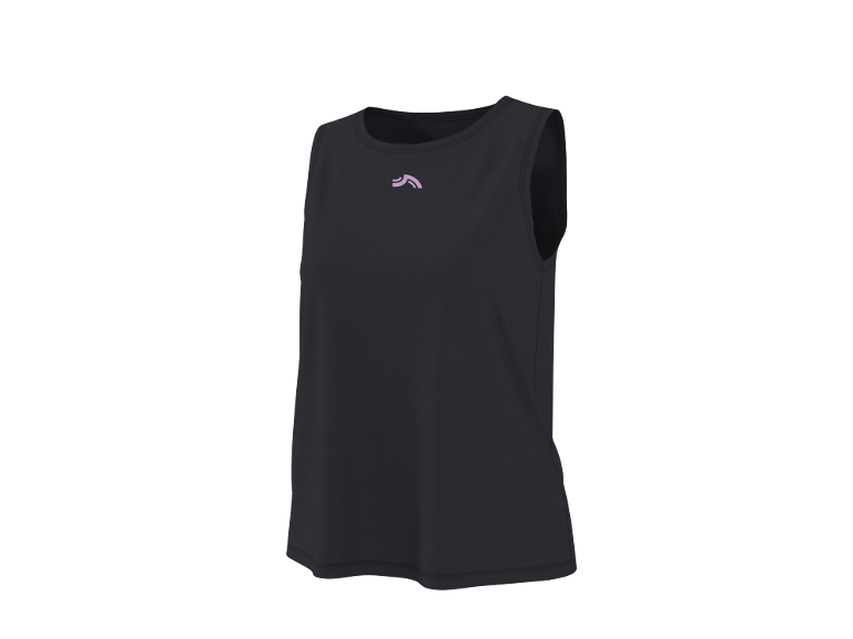 Top desportivo preto feminino com um pequeno logótipo rosa no peito.