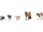 Animais de brinquedo: cão, cabra, porco, cavalo e vaca.