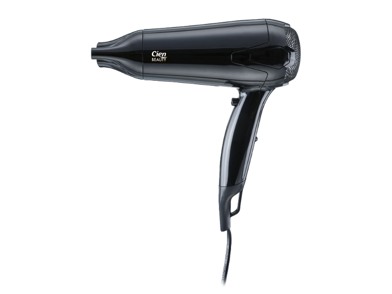 Secador de cabelo preto com detalhes prateados e cabo.