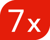 Emblema vermelho com texto branco '7x'.