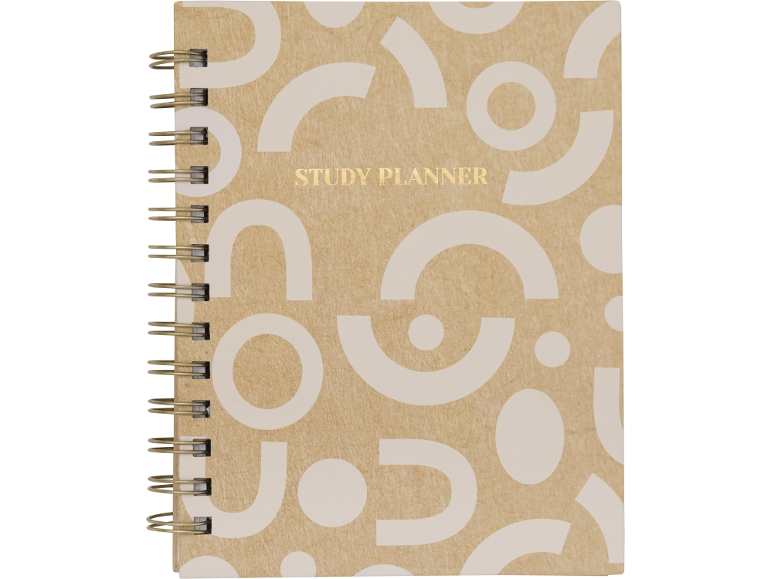 Agenda de estudo em espiral com capa bege, formas brancas abstratas e texto em folha dourada.