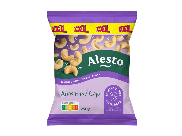 Saco XXL de cajus torrados e salgados, 250g, com Nutri-Score A.