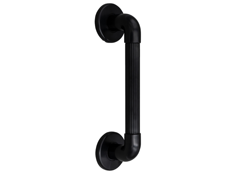 Puxador preto com acabamento canelado para portas ou chuveiros.