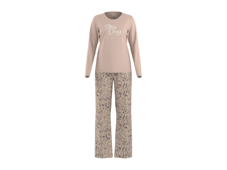 Pijama feminino com blusa de manga comprida rosa claro com texto 'Stay Cozy' e calças com estampa floral.