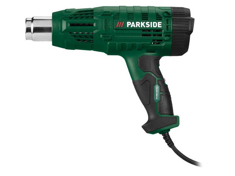 Pistola de ar quente verde com cabo preto e bico prateado.