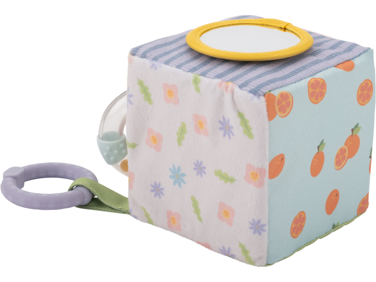 Cubo sensorial macio para bebé com espelho, mordedor e vários padrões.