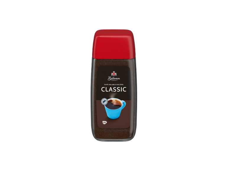 Frasco de café instantâneo com tampa vermelha e um rótulo com uma chávena de café.