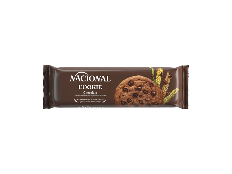 Embalagem de bolacha com pepitas de chocolate com texto: 'COOKIE Chocolate' e 'Desde 1849'.