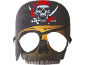 Máscara de caveira pirata com pala no olho e bandana vermelha com caveira e sabres cruzados.