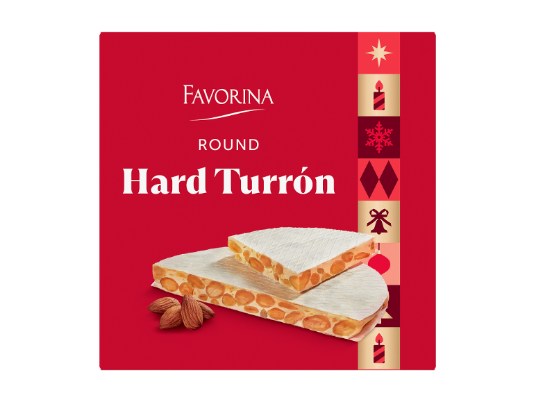 Turrón redondo duro com amêndoas sobre fundo vermelho com motivos natalícios.
