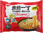 Embalagem de noodles ramen de sésamo com uma tigela de sopa e um personagem de desenho animado.