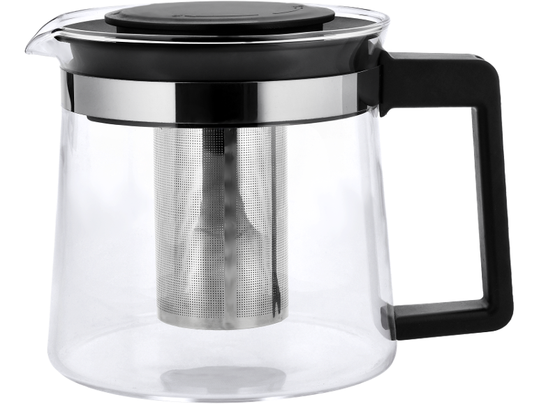 Bule de vidro com infusor de aço inoxidável e pega preta