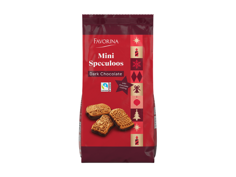 Saco vermelho de mini biscoitos speculoos de chocolate preto com decorações de Natal.