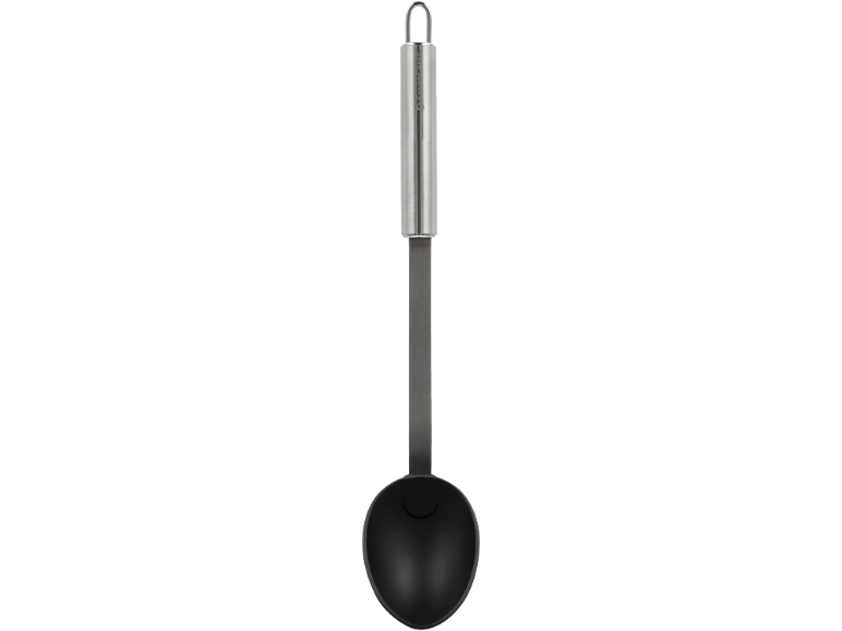 Concha de cozinha com cabeça de silicone preta e cabo de aço inoxidável prateado.