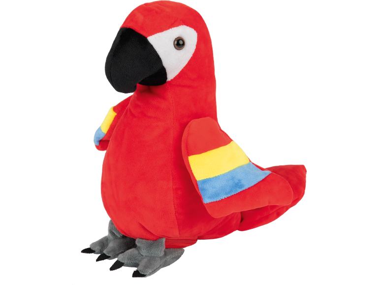 Papagaio de peluche vermelho com bico preto e asas coloridas