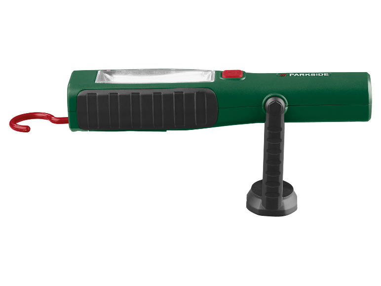 Lanterna de trabalho verde com gancho vermelho e base magnética.