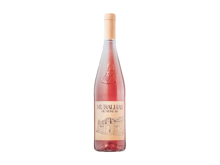 Garrafa de vinho rosé com rótulo que mostra um edifício e a inscrição 'MURALHAS DE MONÇÃO'.