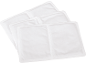 Vários pacotes brancos de sílica gel ou absorvente de humidade, empilhados uns sobre os outros.