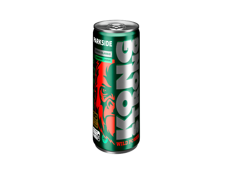 Lata de bebida energética verde com gráfico de gorila vermelho e texto 'Strong Wild Power'.