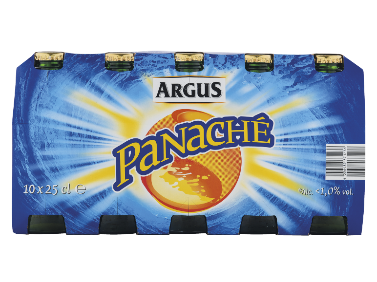 Pack de 10 garrafas de bebida panaché de limão de 25 cl cada, com <1,0% de álcool.