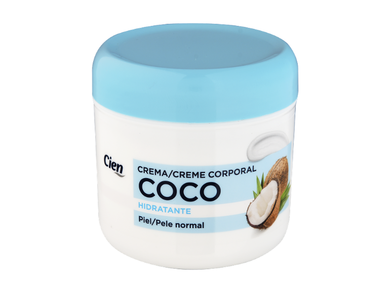 Creme corporal de coco para pele normal num frasco branco com tampa azul