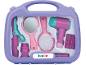 Mala de cabeleireiro de brinquedo com secador, espelho, escova e acessórios em tons de roxo e rosa.