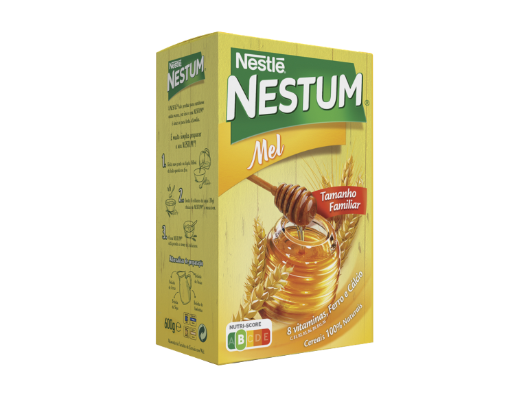 Caixa de cereais com mel, com instruções de preparação e informações nutricionais.