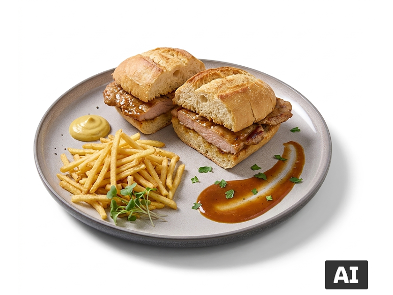 Dois sanduíches de carne e molho, batatas fritas, mostarda e verduras num prato. [imagem gerada por IA]