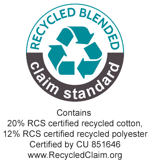 Selo Recycled Blended Claim Standard: 20% algodão reciclado, 12% poliéster reciclado. Certificado por CU 851646.