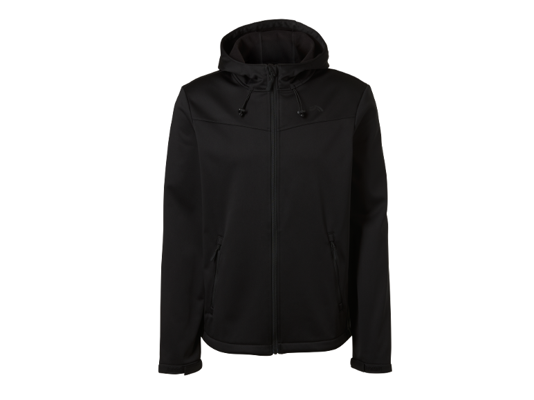 Casaco softshell preto masculino com capuz e fecho éclair.