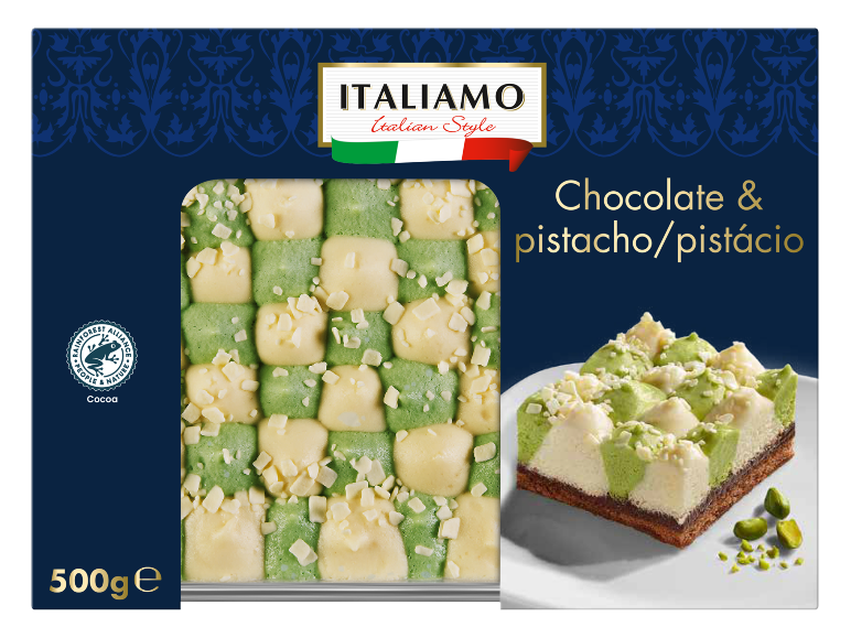Sobremesa de chocolate e pistácio estilo italiano, 500g.