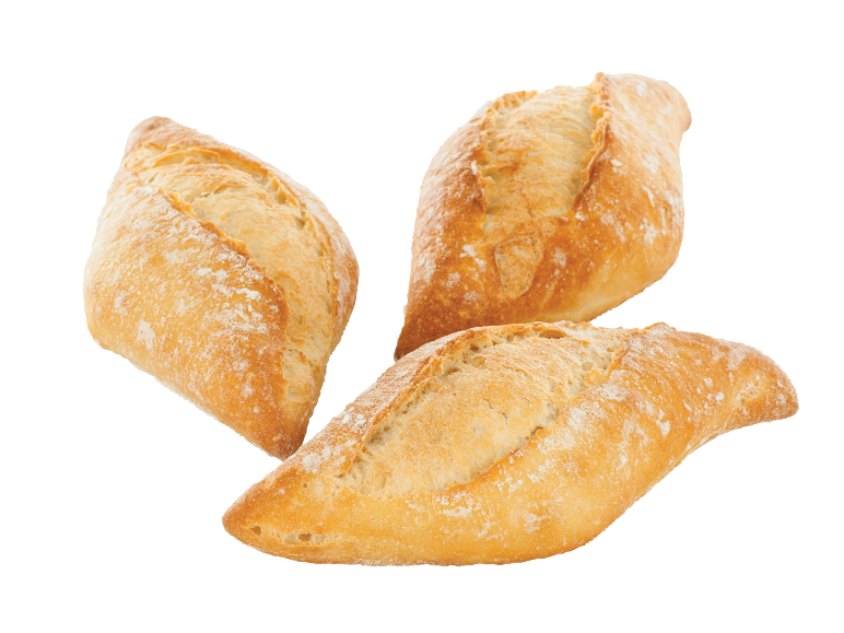 Três pães frescos e dourados com crosta enfarinhada.
